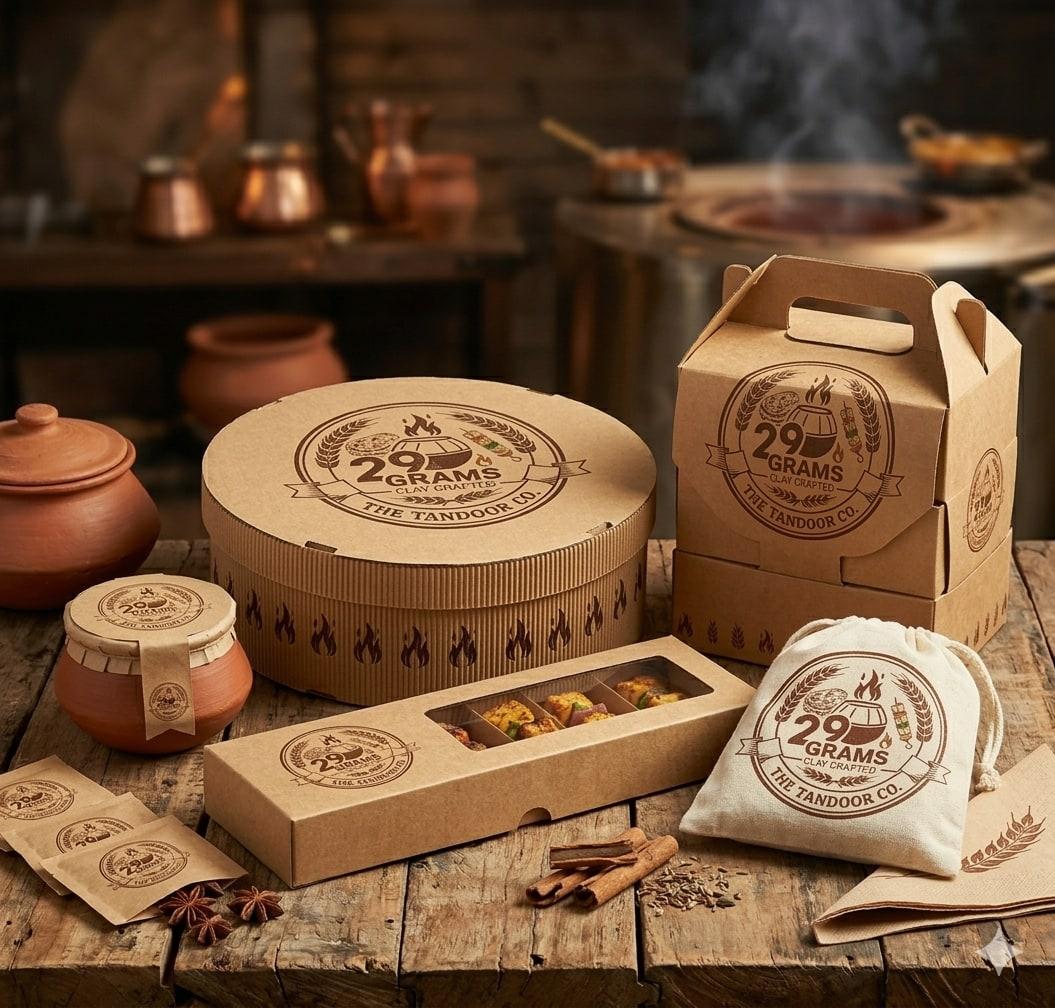 Round vented box, handle box, muslin spice bag and clay handi on a rustic table