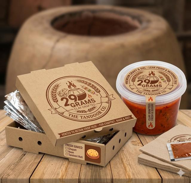 Kraft delivery box and gravy tub in front of the tandoor