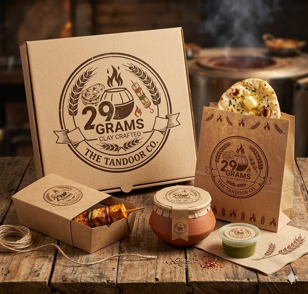 29 Grams packaging family — kraft box, naan bag, skewer box, clay pot and chutney tub